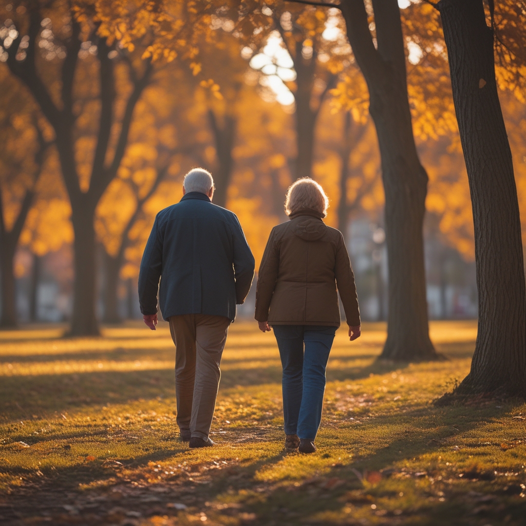 Two mature adults walking briskly through a sunlit autumn park, warm golden light filtering through tall trees, focus on natural movement and posture