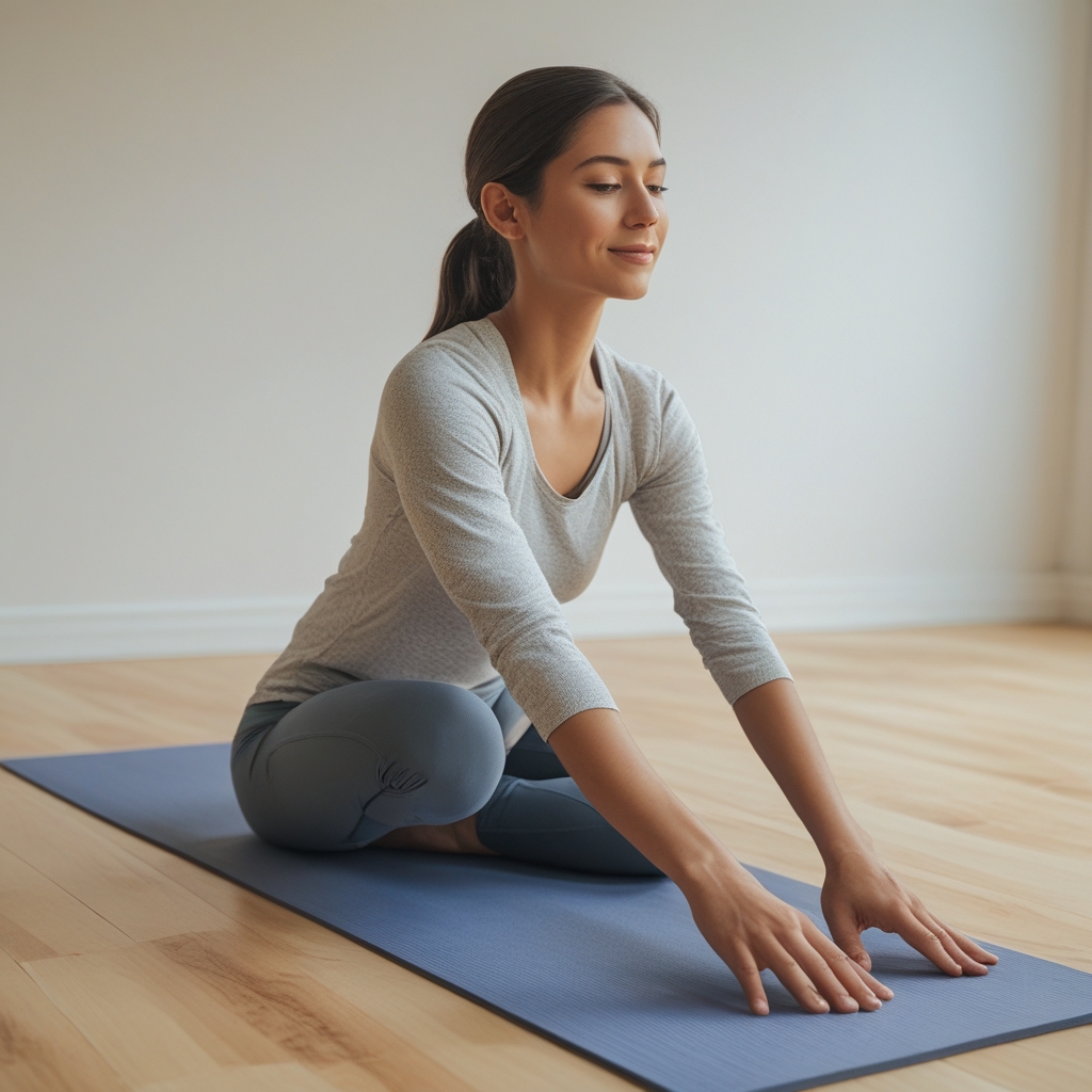 Person performing a calm seated forward stretch on a yoga mat in a bright wooden floor studio, natural light, no strain visible, peaceful atmosphere